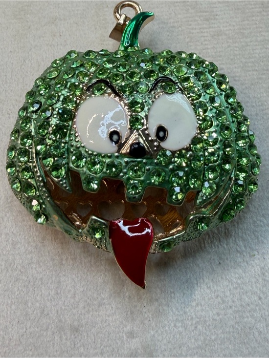 Jewelry - Green Jeweled Pumpkin Pendant with Red Tongue Charm